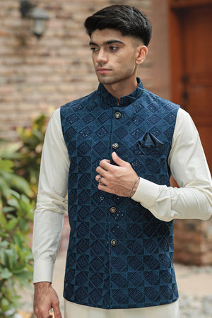 BLUE EMBROIDERED WAISTCOAT