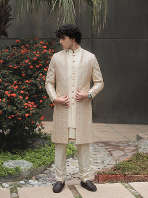 GOLD SHERWANI EMBROIDERY 2 PCS OPEN