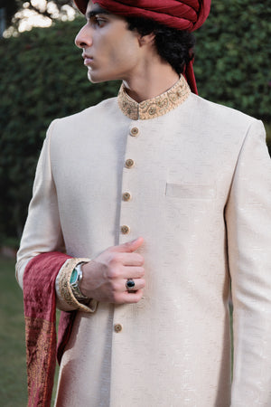 FAWN SHERWANI JACKARD COLLAR SLEEVES H.WORK