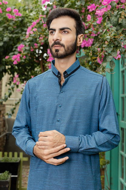 Textured Lapis Blue Kameez Shalwar