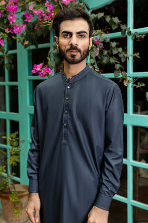 Self Textured Russian Grey Kameez Shalwar