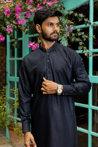 Self Textured Jet Black Kameez Shalwar