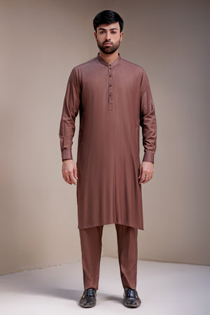 Brown With Gold Textured Kameez Shalwar