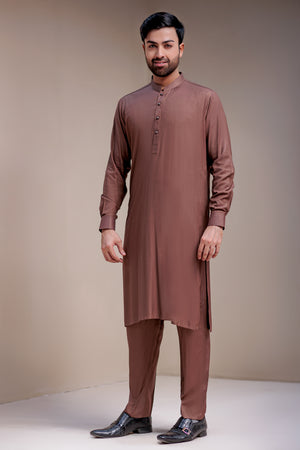 Brown With Gold Textured Kameez Shalwar