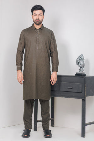 Olive Green With White Self Kameez Shalwar