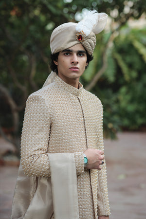 FAWN SHERWANI FAWN FULL HEAVY H.WORK EMB