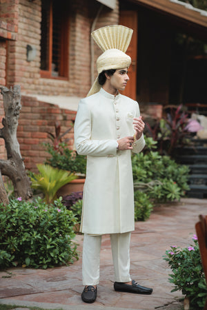 CREAM SHERWANI JACKARD SELF PLAIN