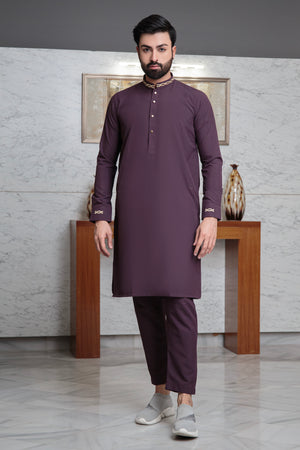 Burgondy Blended Embroidered Kurta Pajama