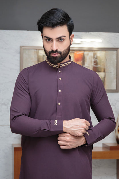 Burgondy Blended Embroidered Kurta Pajama