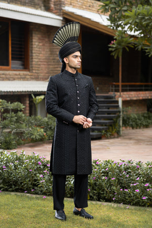 JACKARD BLACK SHERWANI WITH HANDWORK