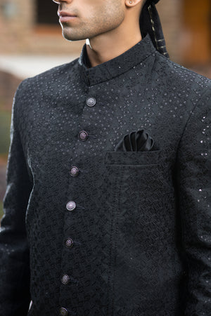 JACKARD BLACK SHERWANI WITH HANDWORK