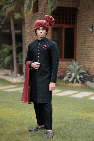 JACKARD DESIGNER BLACK SHERWANI