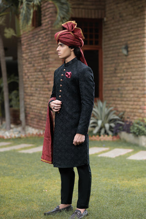 JACKARD DESIGNER BLACK SHERWANI