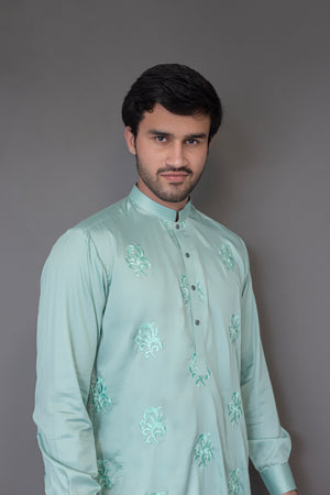 Embroidered Sea-Green Cotton Kurta